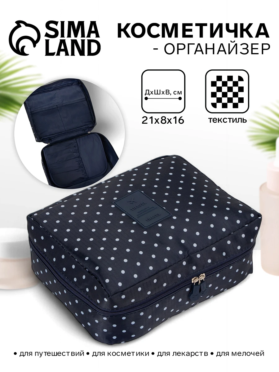 Косметичка-органайзер дорожная на молнии, с карманами, в мелкий горох, темно-синяя