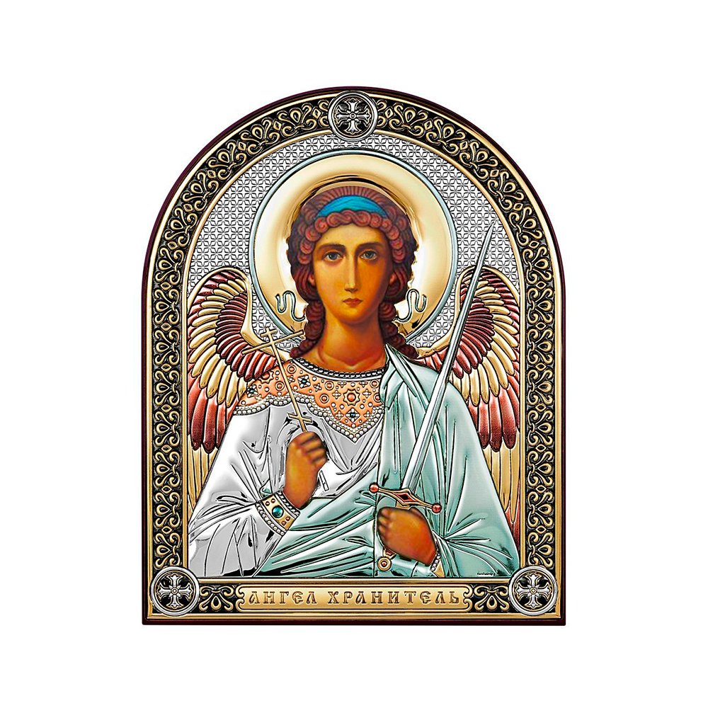 Дорожная икона Ангел Хранитель в кожаном чехле с серебром 8.6x11.2 см