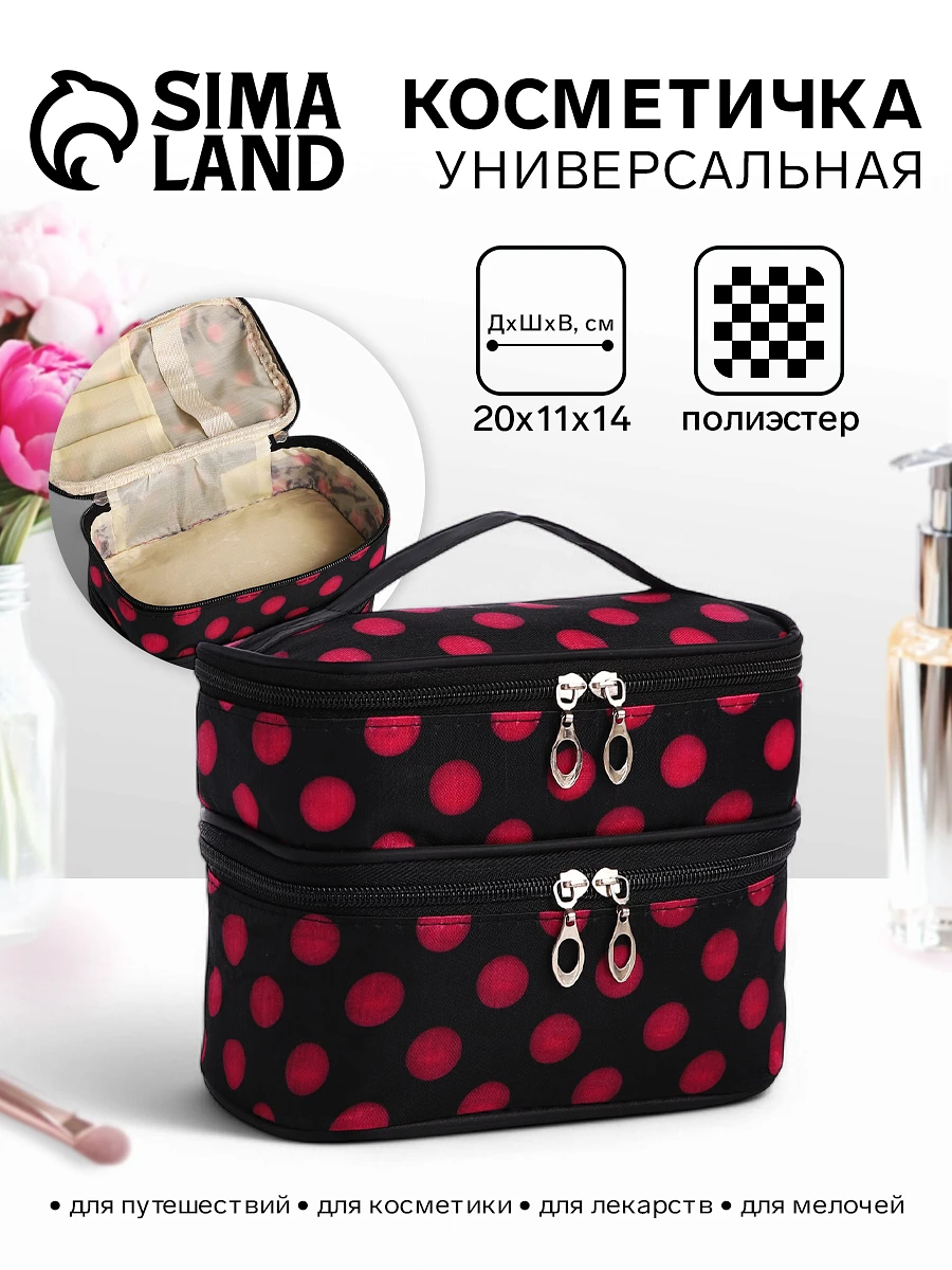 Косметичка дорожная на молнии с ручкой, с 2 отделами, с рисунком, черная=