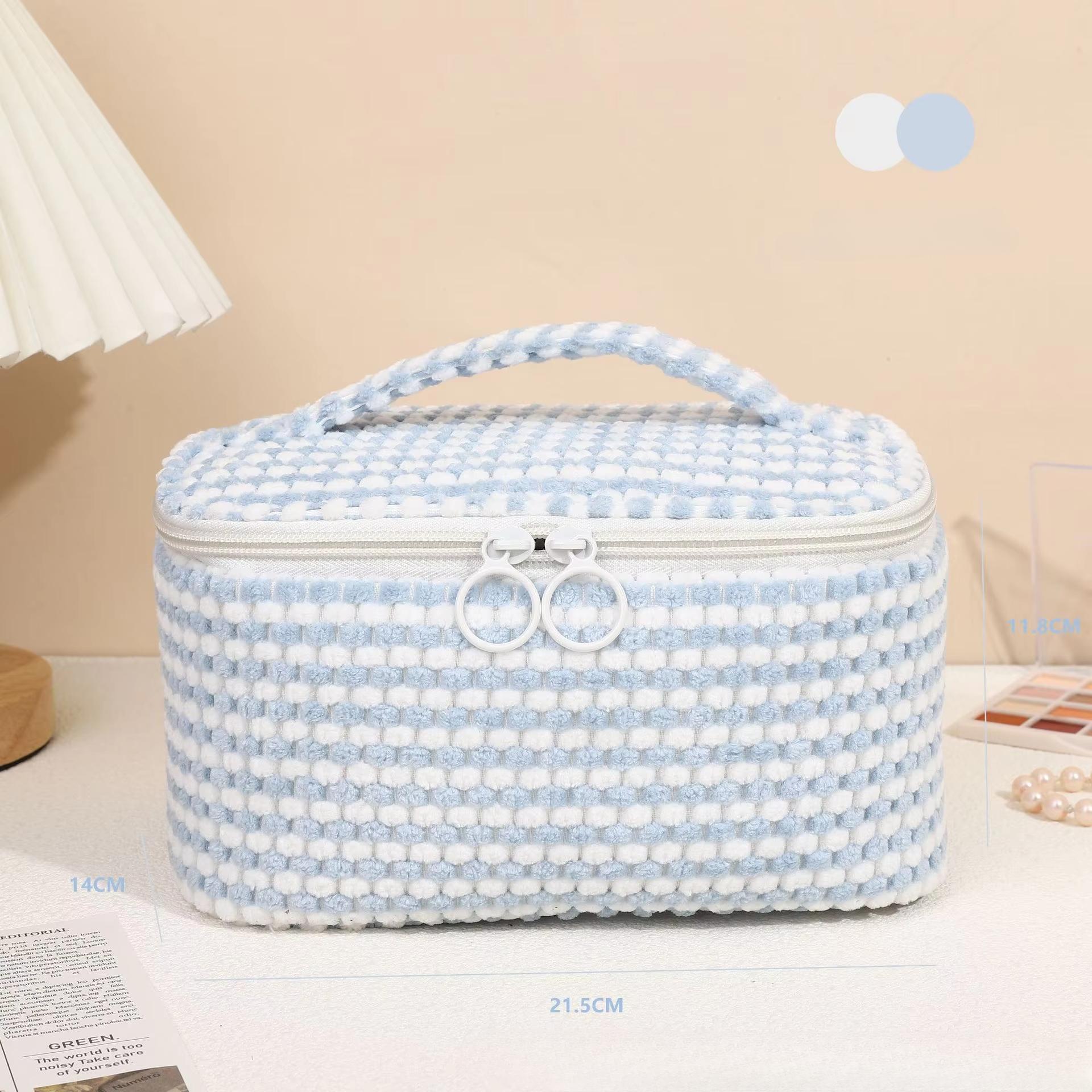 Плюшевая клетчатая косметичка-перевертыш для женщин, большая вместительная косметичка, несессер, косметичка с ручкой, дорожный органайзер для косметики синий