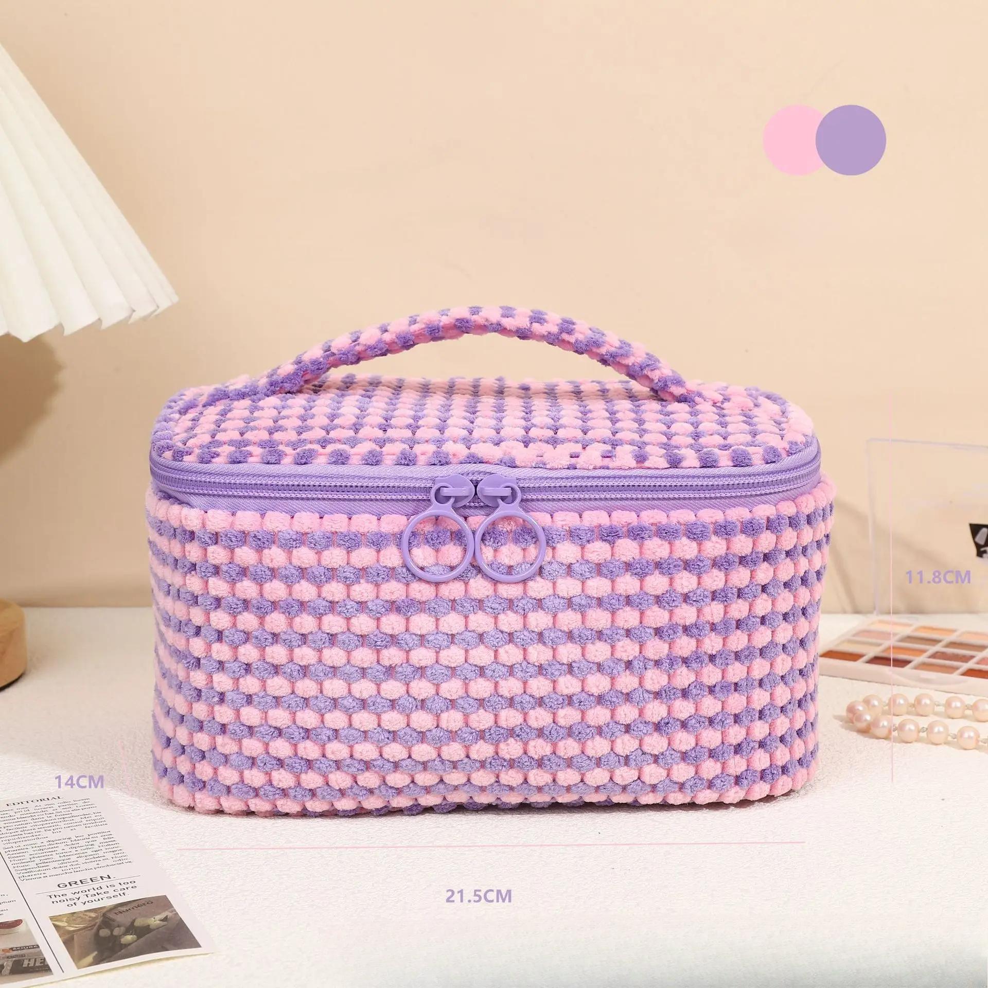 Плюшевая клетчатая косметичка-перевертыш для женщин, большая вместительная косметичка, несессер, косметичка с ручкой, дорожный органайзер для косметики фиолетовый