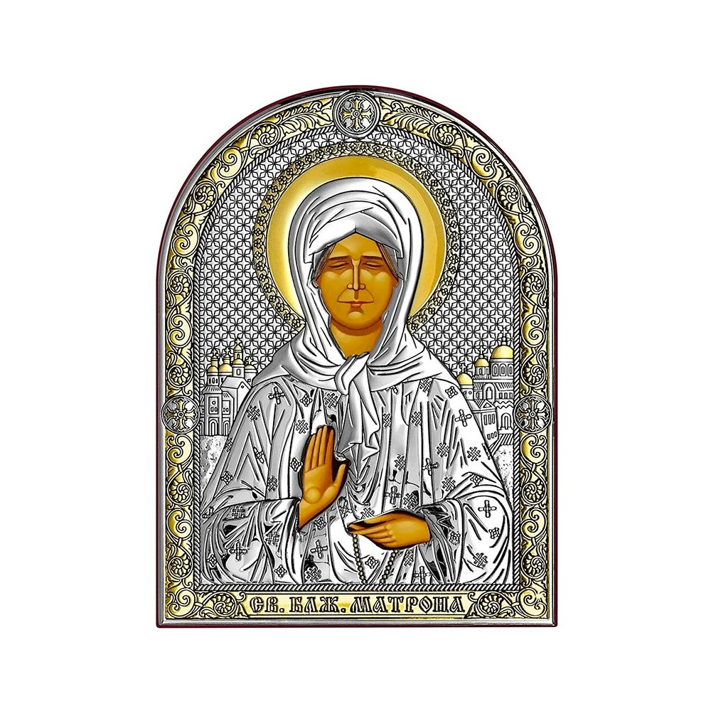 Дорожная икона Матрона Московская в кожаном чехле с серебром 8.6x11.2 см